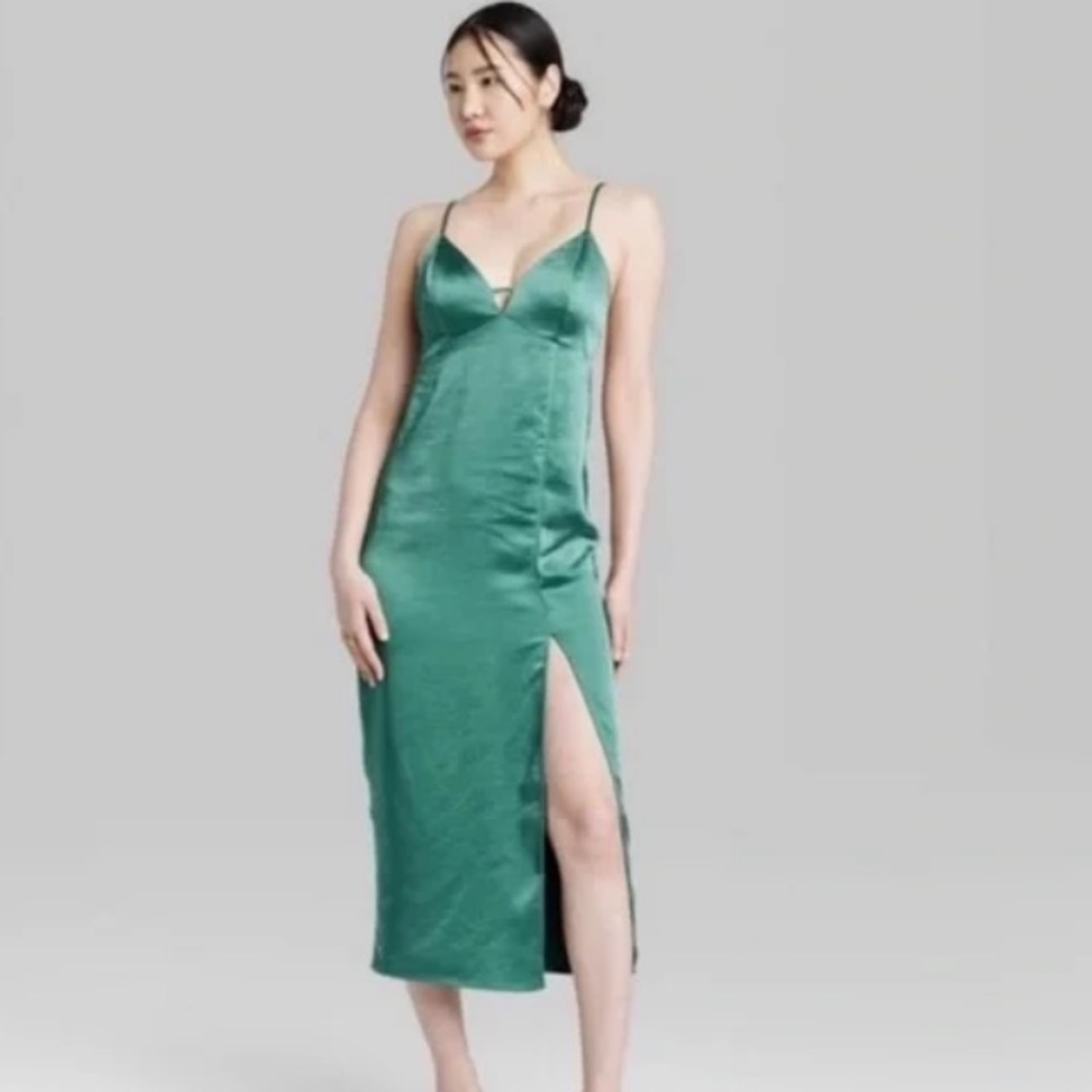 Wild Fable Teal Satin Silk Side Slit Midi Dress Size M